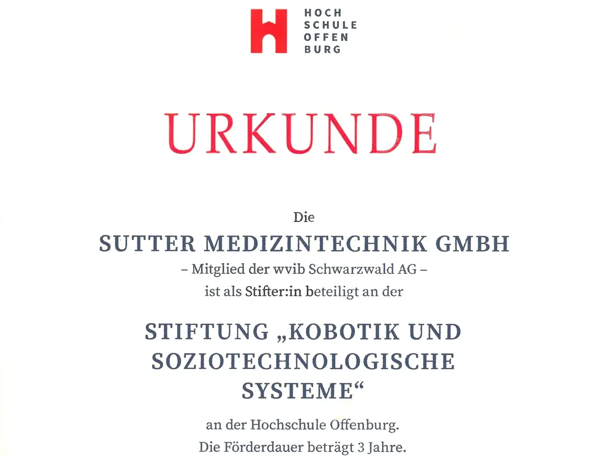Certificate from Offenburg University recognizing Sutter Medizintechnik's participation in a cobotics and socio-technical systems foundation.