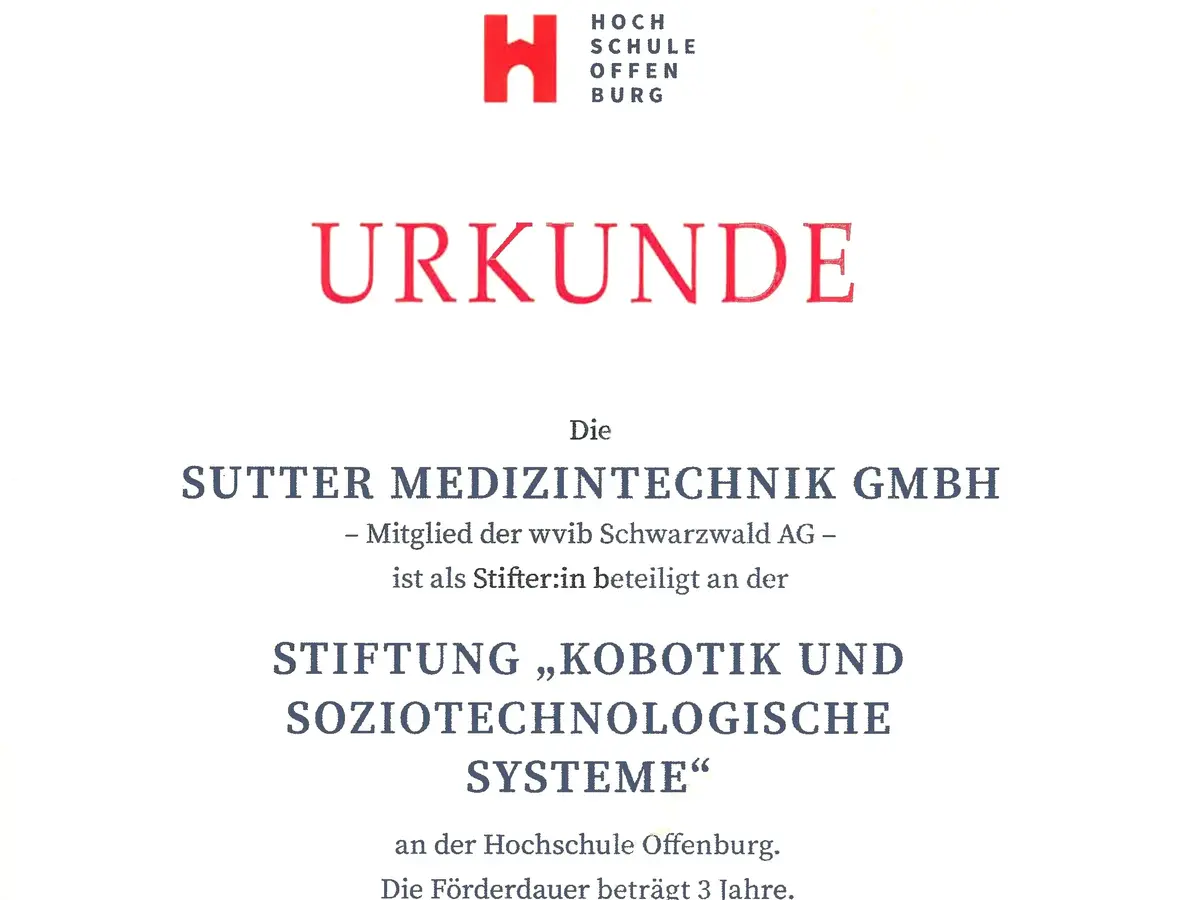 Urkunde der Hochschule Offenburg für Sutter Medizintechnik zur Stiftung Kobotik und soziotechnologische Systeme.