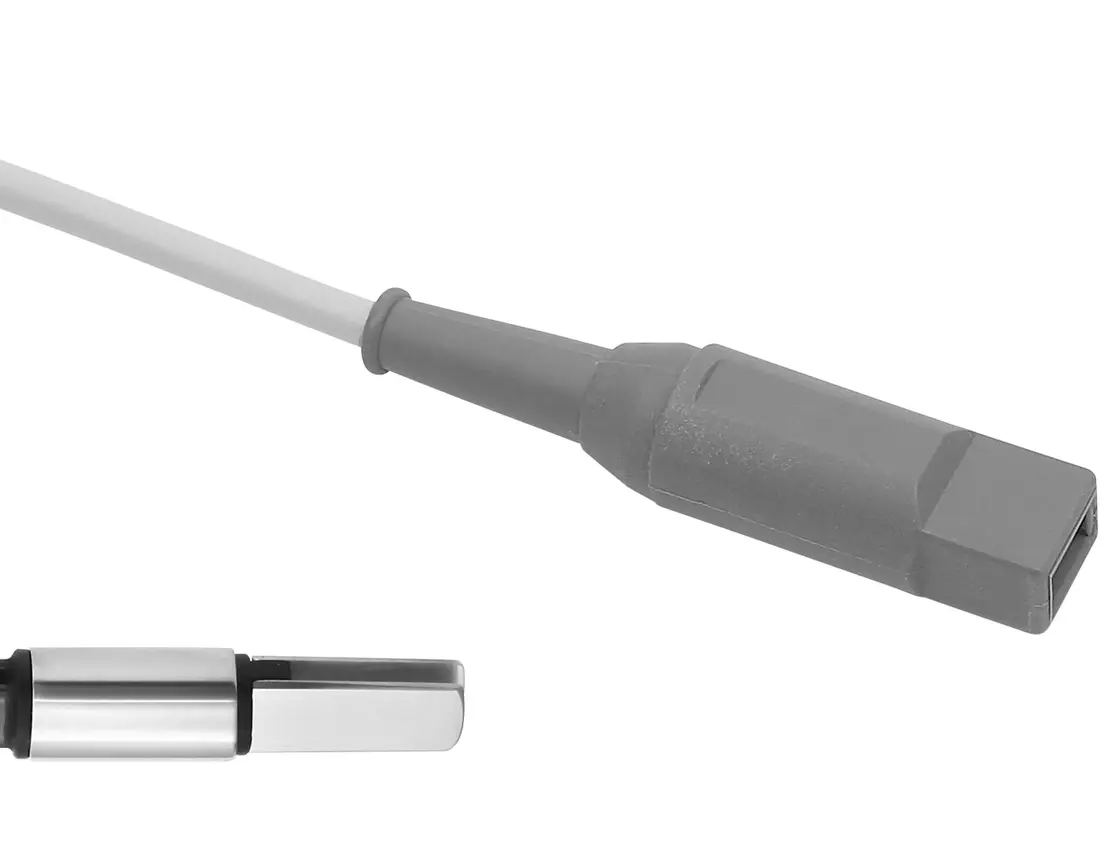 Graues bipolares Anschlusskabel und Steckeransicht für die Verbindung von Instrumenten mit Elektrochirurgie-Geräten.