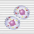 Microscopic view of two cells with visible nuclei, mitochondria, and other organelles – set against a background of horizontal lines