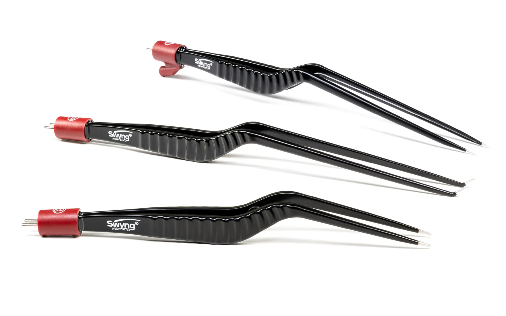 Three black bipolar Swyng forceps with angled tips and red connector on a white background.