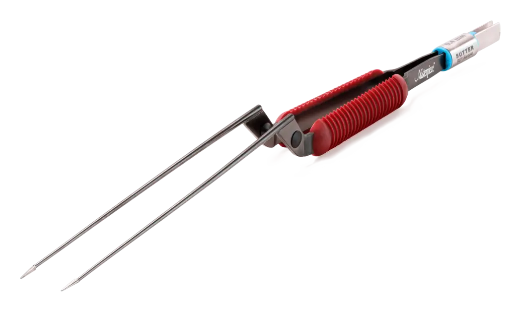 Masterpiece™ non-stick bipolar forceps in standard shape with a red grip area and long tip against a white background.