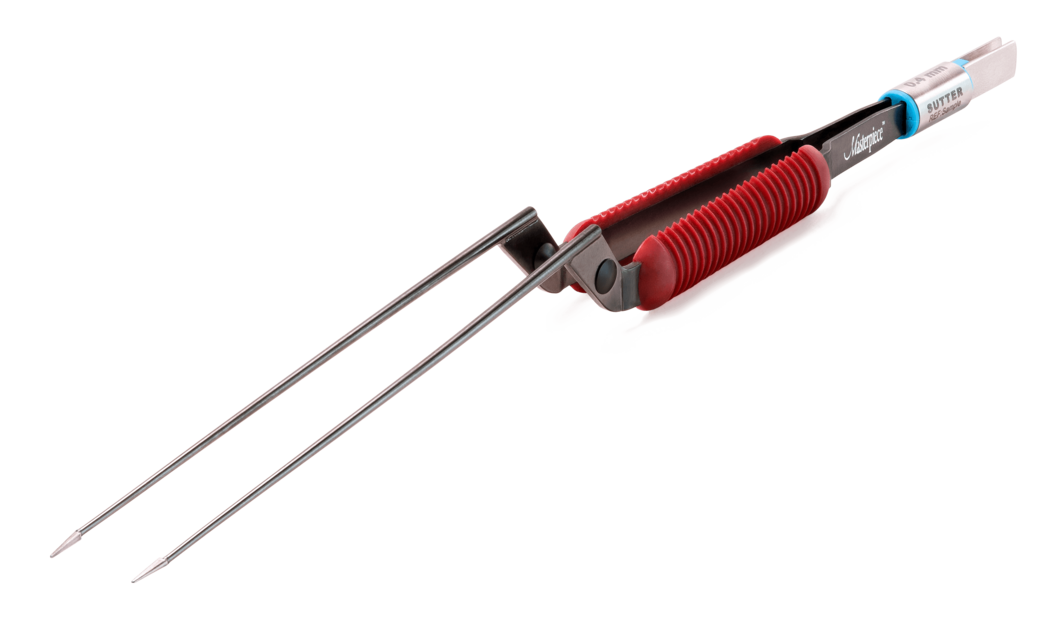 Masterpiece™ non-stick bipolare Pinzette mit rotem Griffbereich und gerader Spitze vor weißem Hintergrund.