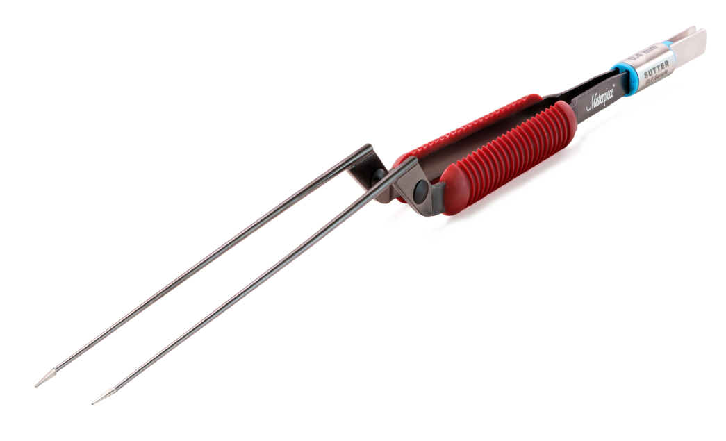 Masterpiece™ non-stick bipolare Pinzette mit rotem Griffbereich und gerader Spitze vor weißem Hintergrund.