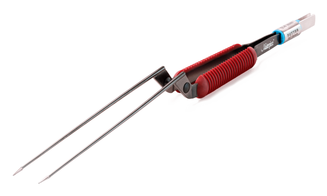 Masterpiece™ non-stick bipolare Pinzette mit rotem Griffbereich und gerader Spitze vor weißem Hintergrund.