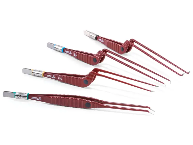 Four red SuperGliss non-stick bipolar forceps in various lengths and shapes on a white background