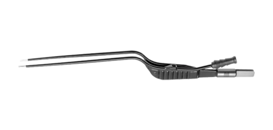 Lange schwarze Classic bipolare Saugpinzette in Standardform mit abgewinkelter Spitze vor weißem Hintergrund.