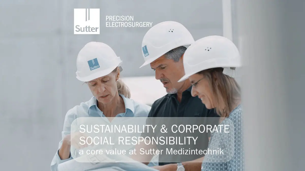 sustainability-csr-core-value-sutter-medizintechnik.jpg Three people with Sutter hard hats reviewing construction plans, symbolizing sustainability and corporate social responsibility at Sutter Medizintechnik