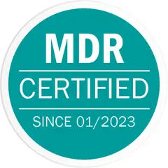 Rundes Badge mit türkisfarbenem Hintergrund und weißer Schrift MDR CERTIFIED SINCE 01/2023