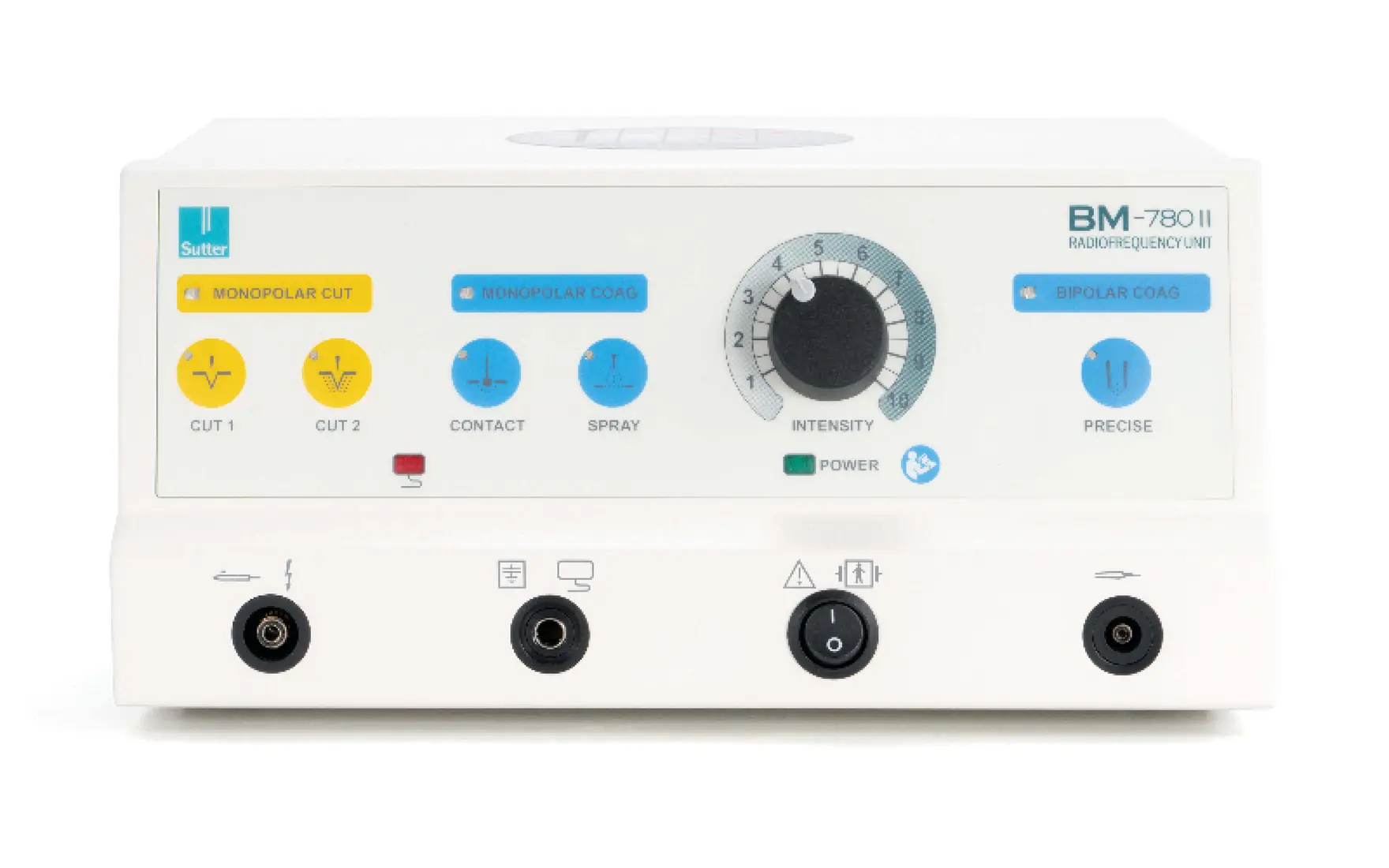 BM-780 II Radiofrequenz-Generator mit Bedienelementen und Anschlüssen für bipolare und monopolare Instrumente, entwickelt für präzise Schneide- und Koagulationsanwendungen in der Chirurgie.