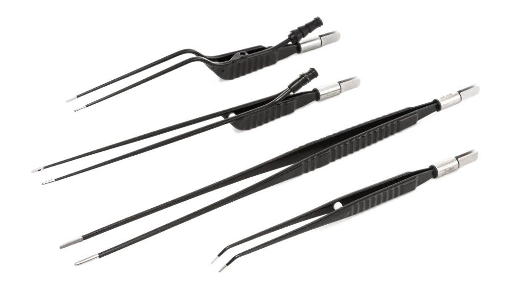 Four black classic bipolar forceps in different shapes and lengths against a white background.
