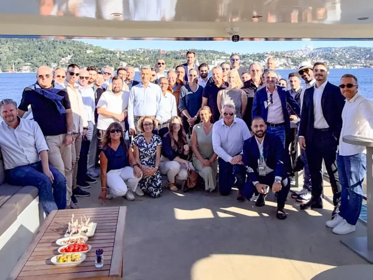 Group photo of participants at the Sutter Distributor Conference 2026 aboard a boat in Istanbul.